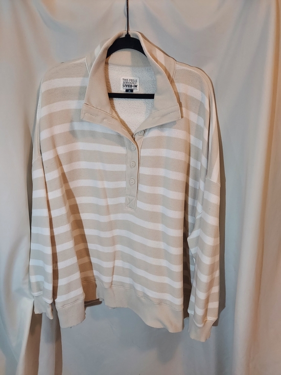 American Eagle Outfitters Tops - American Eagle Outfitters Beige & White Striped Super Soft Henley Pullover
